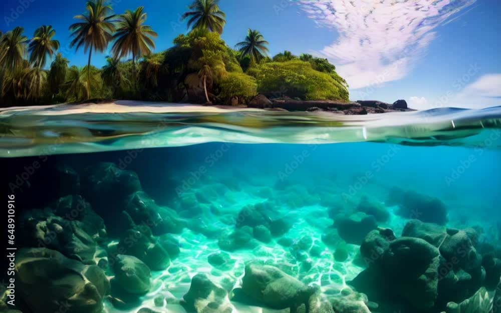 An island with blue water all around, tropical palm trees and a beach. Natural landscape. An island with blue water all around, tropical palm trees and a beach. Natural landscape.