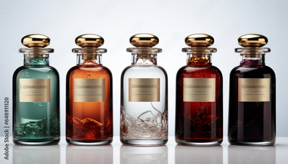 Collection of essential oils in glass designer bottles, perfumes in colored bottles. Generative AI