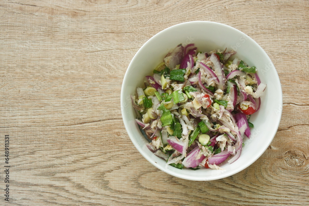 spicy mashed mackerel with herb Thai salad on bowl spicy mashed mackerel with herb Thai salad on bowl