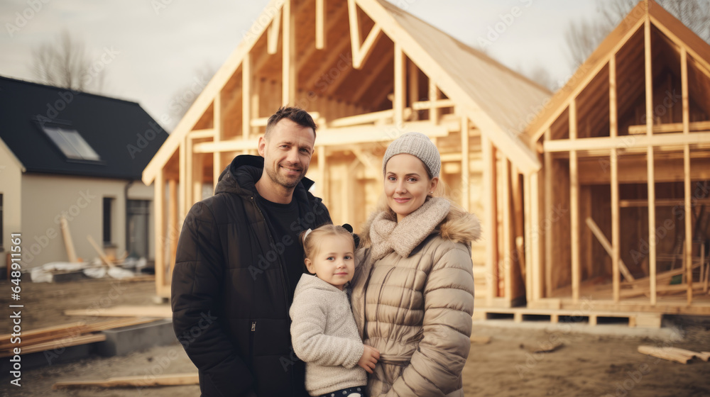 Portrait of casual happy family in front of their new wooden frame house under construction Portrait of casual happy family in front of their new wooden frame house under construction