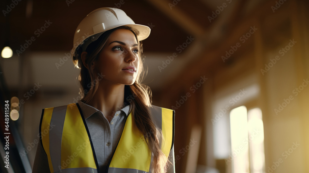 Portrait of beautiful architect woman visiting construction site of new house Portrait of beautiful architect woman visiting construction site of new house