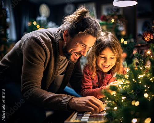 Father and daughter laughing while preparing Christmas presents in front of the Christmas tree