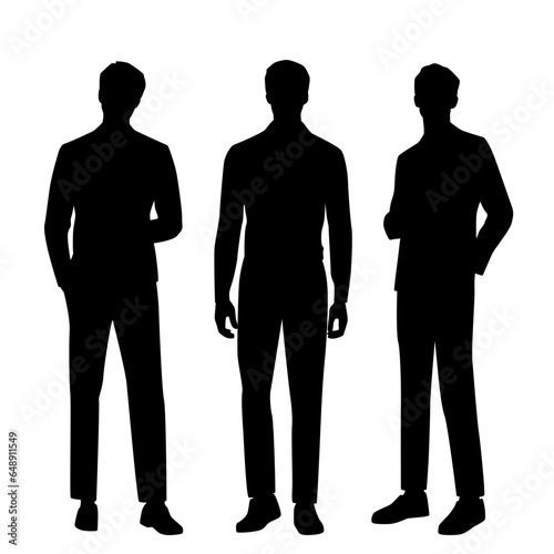 Vector silhouette of three men standing, profile, business people, black color, isolated on white background