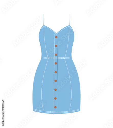 Denim female dress concept. Fashion, trend and style. Female clothes for summer. Sticker for social networks and messengers. Cartoon flat vector illustration isolated on white background
