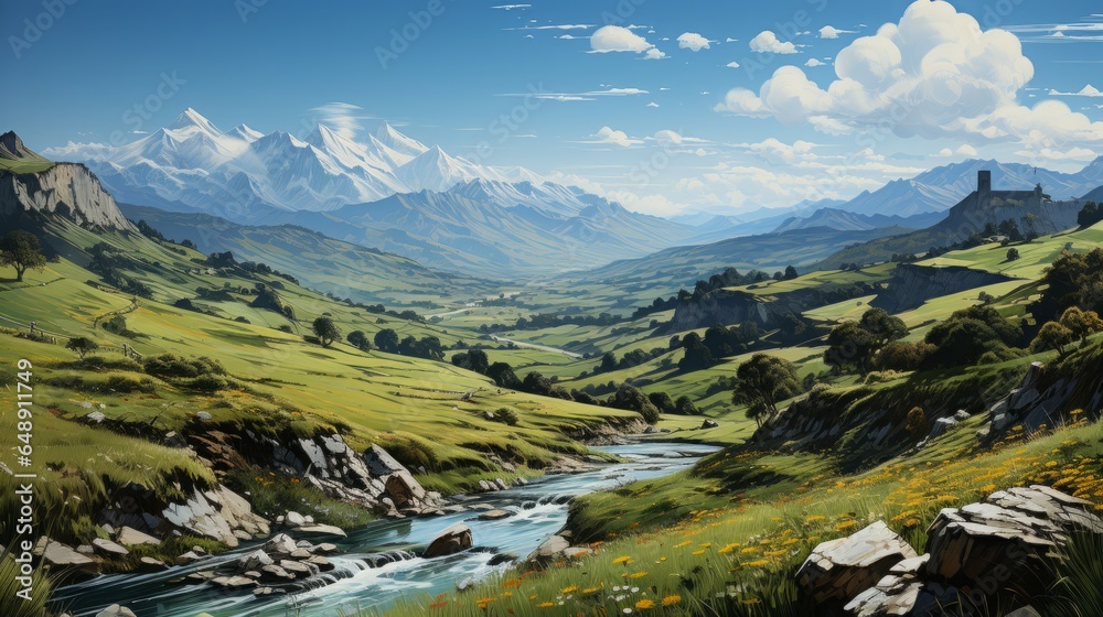 Captivating Alpine Vistas: Exploring Majestic Peaks Amid Lush Valleys and Serene Rivers, generative AI