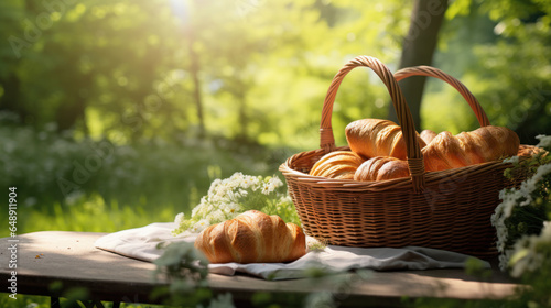 Fresh croissant in a morning nature basket  a delightful breakfast.