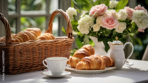 Fresh croissant in a morning nature basket, a delightful breakfast.