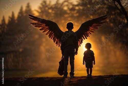 My guarding Angel child with his shadow as an angel. ai generative