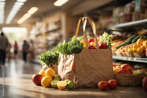 Supermarket Paper bag full of healthy food. ai generative © Anna