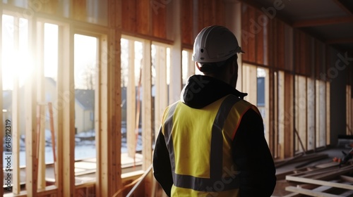 Construction worker foreman at a construction site of wooden frame house © leszekglasner