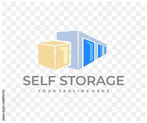 Self storage unit, cardboard box, garage and door, graphic design. Storage facility, facilities, rental, warehouse, keeping and storing, vector design and illustration
