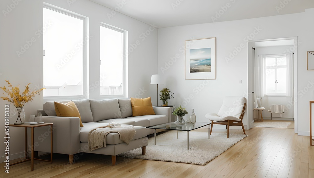 A living room with a modern sense.(home) A view with a sofa and a frame, with an autumn atmosphere, and a neat picture of the interior of the apartment. Generative AI A living room with a modern sense.(home) A view with a sofa and a frame, with an autumn atmosphere, and a neat picture of the interior of the apartment. Generative AI