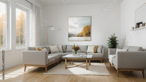 Wallpaper Mural A living room with a modern sense.(home) A view with a sofa and a frame, with an autumn atmosphere, and a neat picture of the interior of the apartment. Generative AI Torontodigital.ca