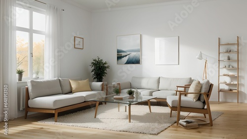 A living room with a modern sense.(home) A view with a sofa and a frame, with an autumn atmosphere, and a neat picture of the interior of the apartment. Generative AI © ailooo k