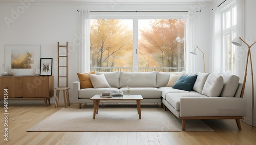 A living room with a modern sense.(home) A view with a sofa and a frame, with an autumn atmosphere, and a neat picture of the interior of the apartment. Generative AI