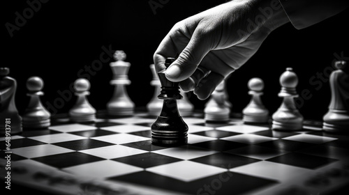 Man's hand making strategic chess move, intellect in every gesture.