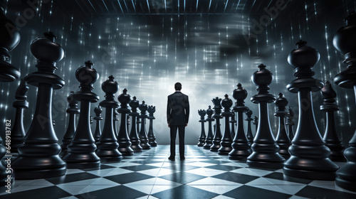 Abstract chess, a man in a corridor of strategic moves.