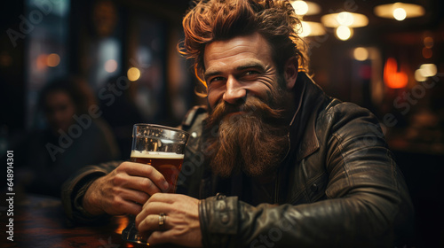 Foto Hipster male with stylish beard and hair drinking beer sitting at the bar counter in brewery