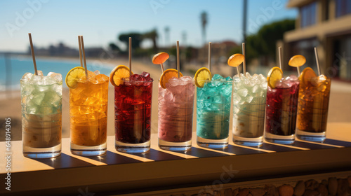 Glasses with different cocktails on wooden bar on the beach