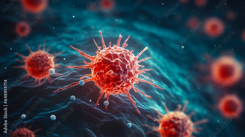 Cancer Cell and Lymphocytes 3D Illustration for Medicine and Health Concept: Understanding Cancer Metastasis and Immune System Response - obrazy, fototapety, plakaty 