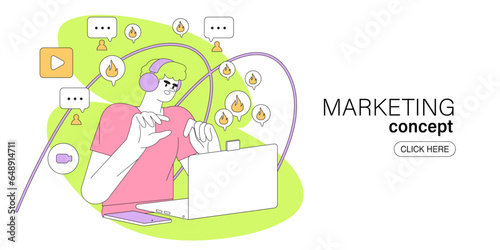 Digital marketing concept for internet, web banner and app design and development, seo, social network. Business marketing, strategy, planning, digital advertising, social media and communication.