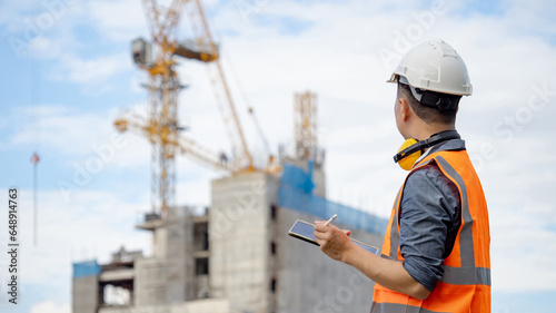 Foto Male site engineer or foreman using digital tablet doing construction site inspection