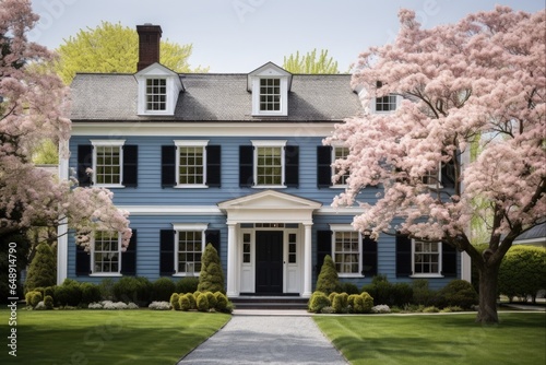 Classic and Charming Colonial Home with Blue Shutters Exterior, Perfect for Homeownership in a Desirable Neighborhood © AIGen