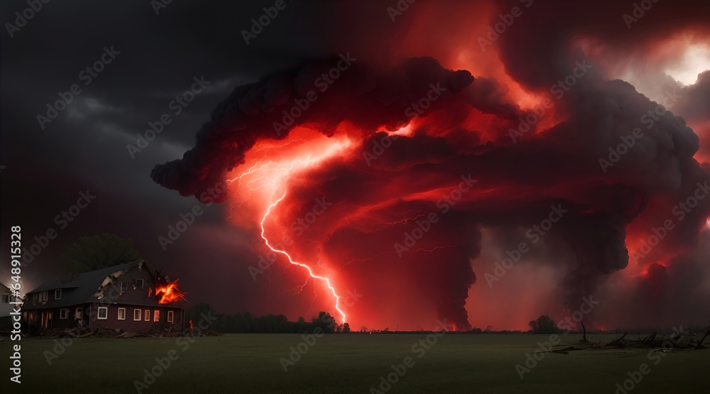 Big tornado at night with big dark clouds in the sky 3d illustration