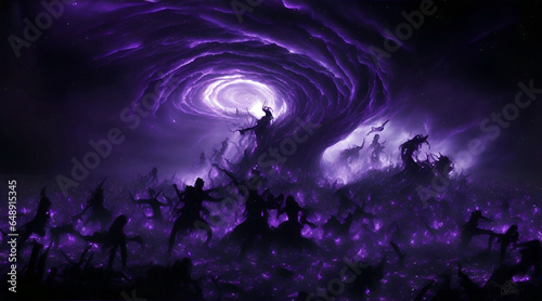 Fantasy Halloween background with silhouettes of zombies in a purple stormy © Peerawat