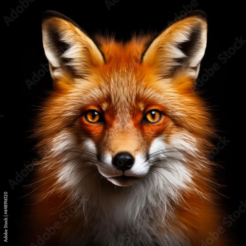 Red Chestnut Fox Face Isolated on Black Background for Animal, Predator or Wild Beast Concept Design