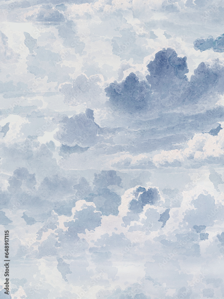 Pale Blue Watercolor Clouds Background, fluffy, spread out clouds in darker shades of blue - obrazy, fototapety, plakaty 
