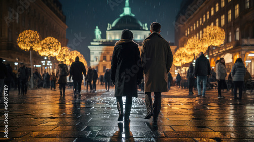 Vibrant city life: People walking the night streets, urban exploration.