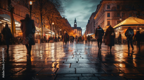 Vibrant city life: People walking the night streets, urban exploration.