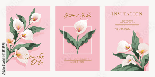 Flower wedding invite. White calla flowers on pink background, golden letters. Floral pastel spring greeting card design, lily and magnolia bouquet, botanical invitation template. Vector set
