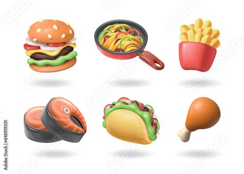 3D food. Pizza icon. Pasta preparing in pan. Chicken and fried potato. Hamburger or meat burger. Fast restaurant eat menu. Fish cooking. Shawarma and burrito. Vector render objects set