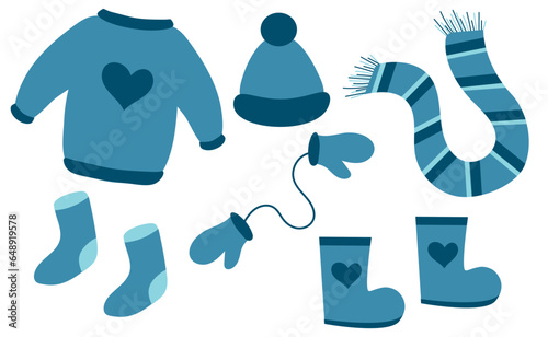 Winter clothes set. Sweater, socks, boots, scarf, mittens, hat. Vector flat illustration.