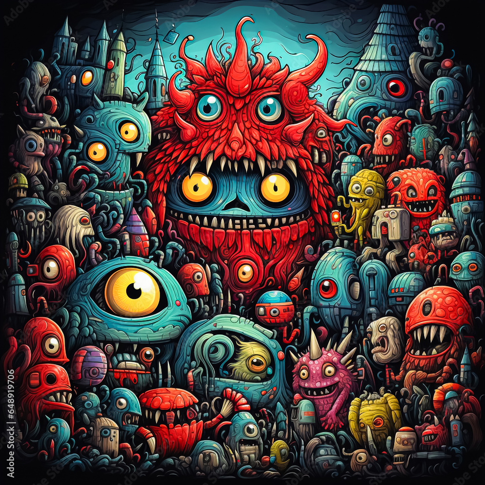 creepy doodle monsters in dark environment