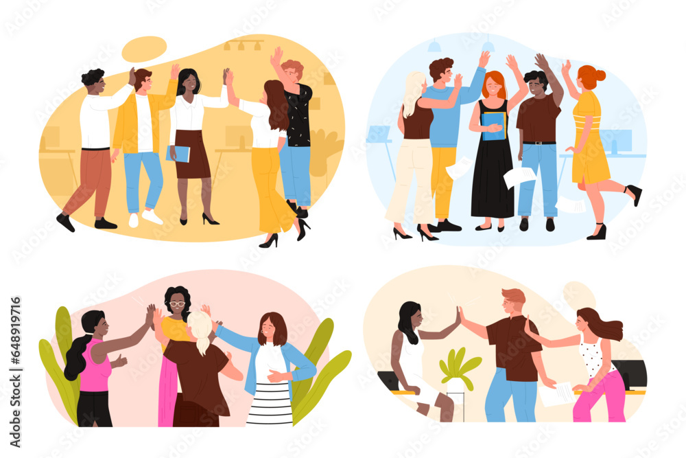 Happy business people give high five set vector illustration. Cartoon scenes with teams of employees in office workplace, colleagues celebrate success teamwork and project, victory and achievement