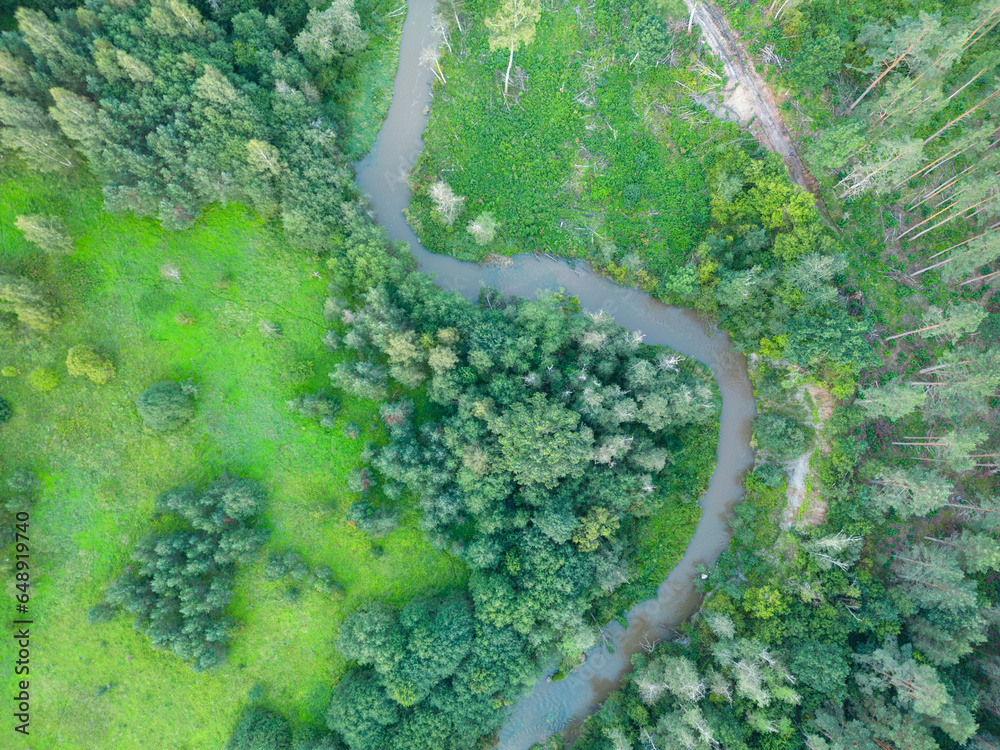 Aerial view of winding river between green fields and forest. View from drone