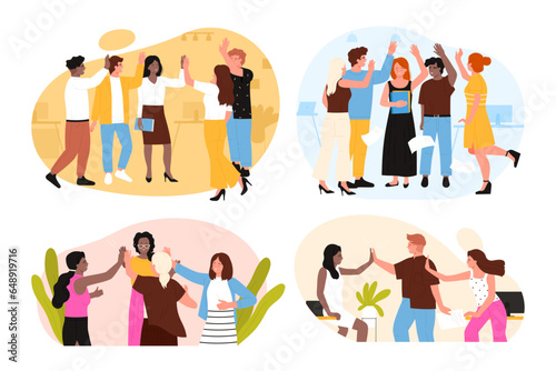 Happy business people give high five set vector illustration. Cartoon scenes with teams of employees in office workplace, colleagues celebrate success teamwork and project, victory and achievement