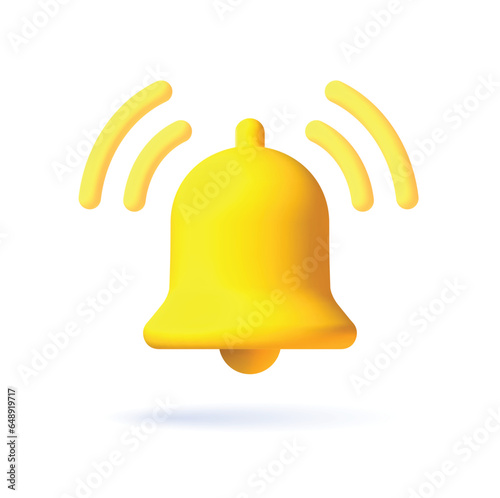 Realistic 3d notification yellow bell icon. 3d vector render ringing bell with notification. Vector illustration