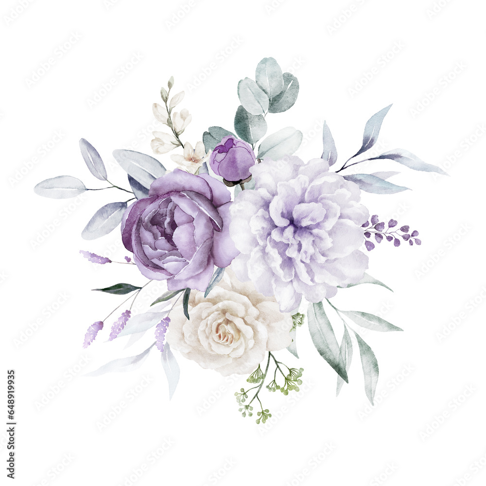 Watercolor floral bouquet - illustration with violet purple blue flowers, green leaves, for wedding stationary, greetings, wallpapers, fashion, backgrounds, textures, prints, patterns.