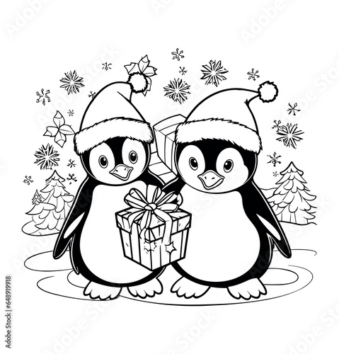 Penguin with gifts christmas coloring pages