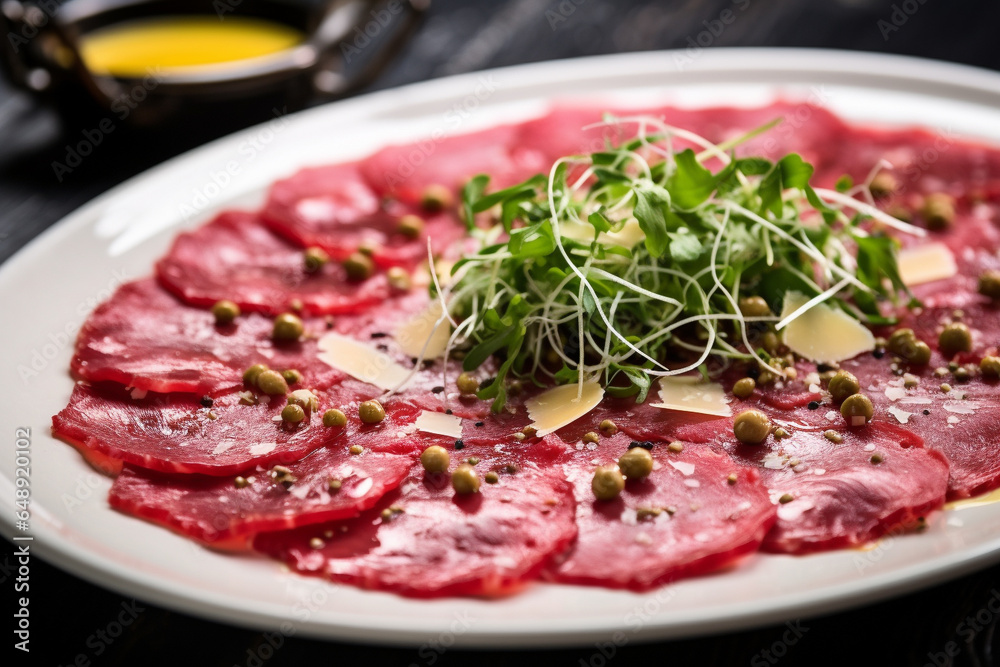 Meat carpaccio, thin slices on a plate in a restaurant.