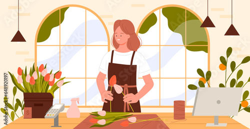 Florists shop vector illustration. Cartoon woman making bouquet from spring garden flowers with creativity, girl seller standing at table with tulips for vase, handicraft and floristry workshop