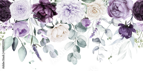 Bouquet border - green leaves and violet purple blue flowers on white background. Watercolor hand painted seamless border. Floral illustration. Foliage pattern.