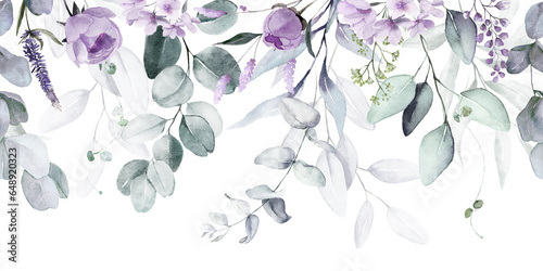 Bouquet border - green leaves and violet purple blue flowers on white background. Watercolor hand painted seamless border. Floral illustration. Foliage pattern.