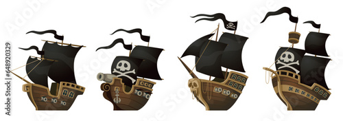 Old ships. Pirate boat. Underwater wreck or shipwreck. Black sailing and flags. Sunken after sea battle corsair. Sailboat adventures. Wooden caravels set. Vector cartoon illustration
