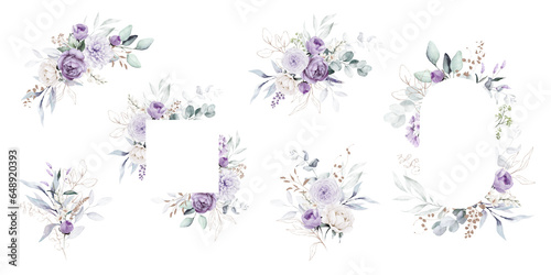 Watercolor floral illustration bouquet set collection gold blue violet purple green frame, border, bouquet; wedding stationary, greetings, wallpaper, fashion, posters background. Leaves, rose.