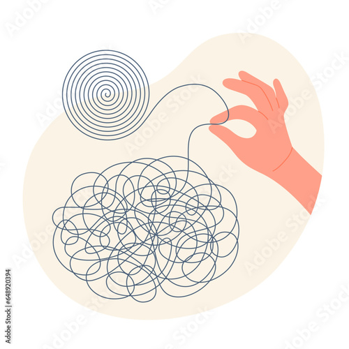 Chaos of mental problems, need for order and coachs help vector illustration. Cartoon hand holding tangled thread to untangle maze to circle with creative solution, psychotherapy session and training